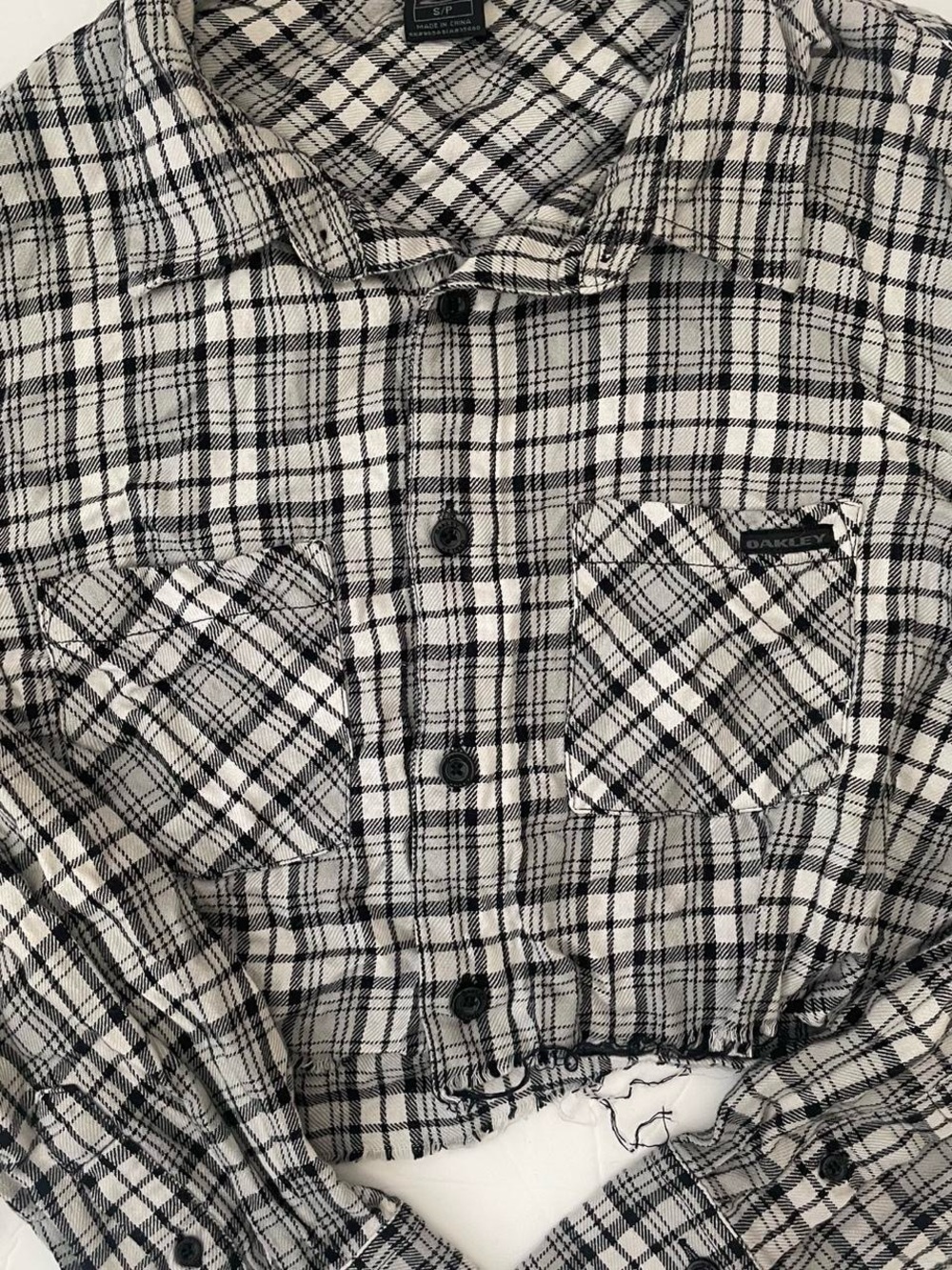 Oakley Black and White Plaid Cropped Button-Up Flannel
